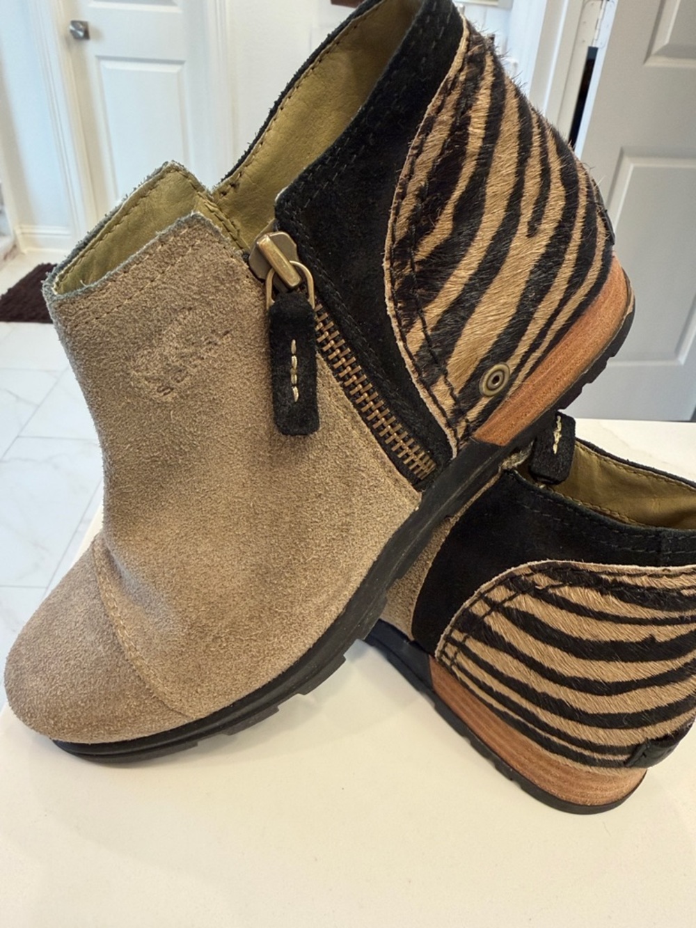 SOREL Tan and Black Zebra faux hair Ankle Booties